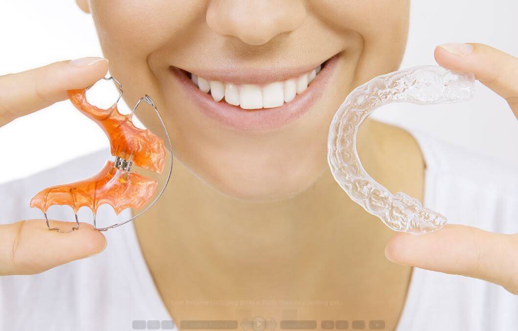 A woman with perfect teeth compares Invisalign, invisible braces, to her traditional retainer.